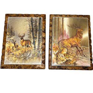 Vintage Foil Art Doe Buck Deer Stag Elk on Lacquered Wood Pictures Pair of 2